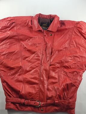 VTG 80s London Fog Tempo Europa Red Leather Oversized Bomber Belted Jacket